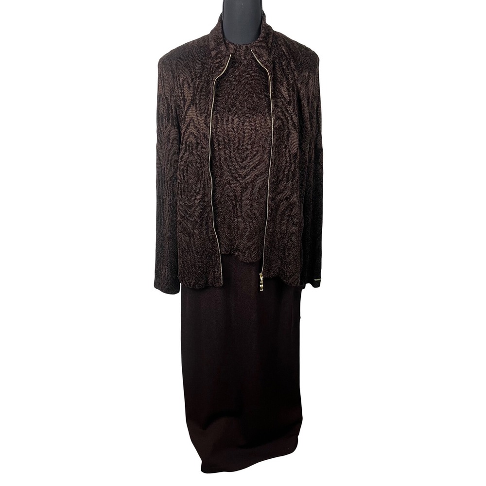 St John Sport Brown Wool Knit 3 Piece Set Zip Jacket Shell Maxi Skirt Large Med